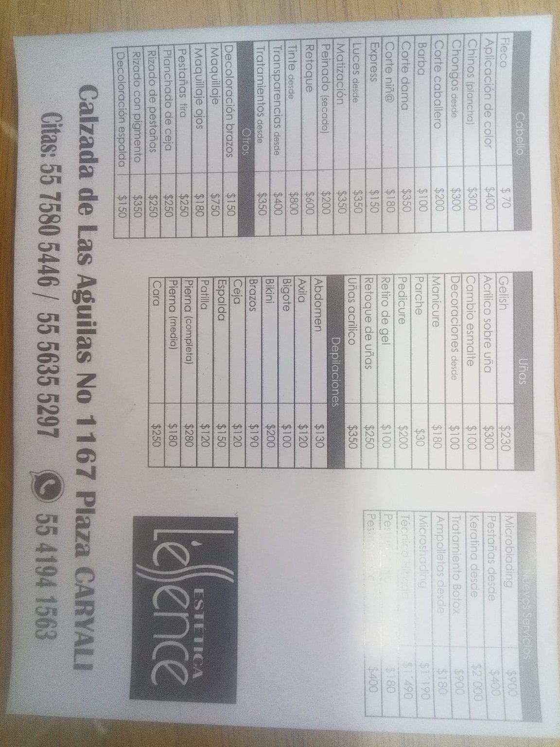 Lista de servicios Estética L'essence